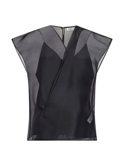 Khaite Silk Organza Surplice Blouse In Black