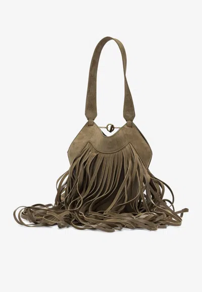Khaite Small Lotus Fringe Suede Shoulder Bag In Brown