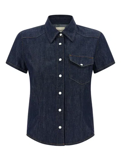 Khaite Snap Button Cotton Denim Shirt In Blue