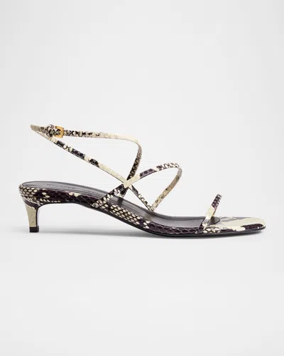 KHAITE STRAPPY PYTHON-EMBOSSED KITTEN SANDALS