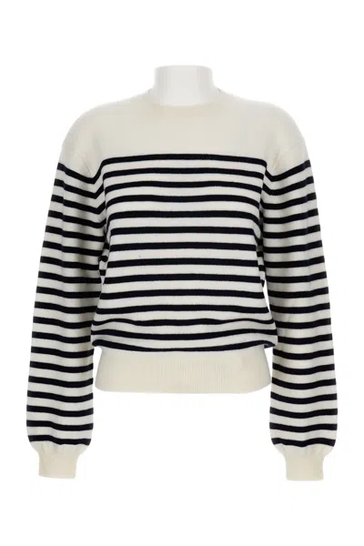 Khaite Striped Crew-neck Sweater With Voluminous Sleeves In White