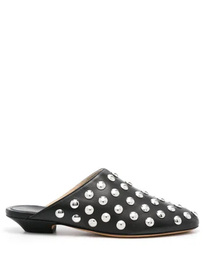 Khaite Studded Leather Flats For Women With Mirrored Embellishments And Low Stacked Heels In Black