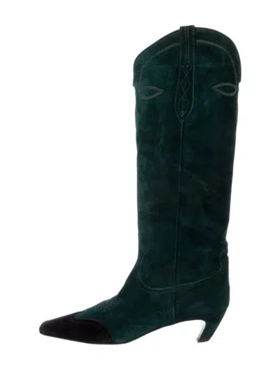 Pre-owned Khaite Suede Embroidered Accent Riding Boots In Green