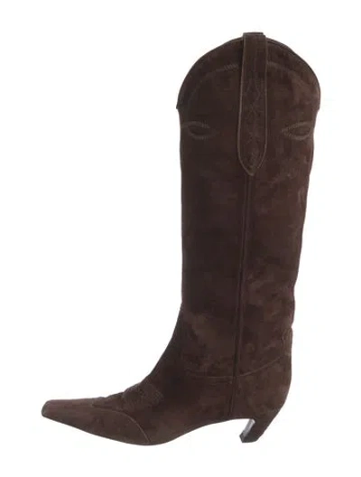 Pre-owned Khaite Suede Embroidered Accent Western Boots In Brown