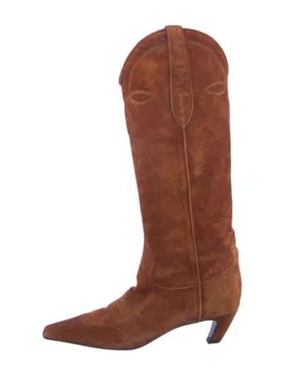 Pre-owned Khaite Suede Embroidered Accent Western Boots In Brown