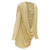Khaite Taiden G Metallic Stretch Knit Drape Open Back Mini Dress In Gold