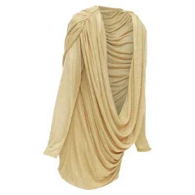 Khaite Taiden G Metallic Stretch Knit Drape Open Back Mini Dress In Gold