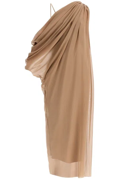 Khaite One-shoulder Silk Chiffon Dress In Beige