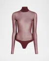 Khaite Tallin Sheer Mesh Turtleneck Bodysuit In Burgundy