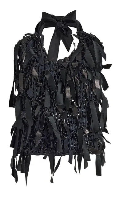 Khaite Tevis Fringed Knit Leather Top In Black