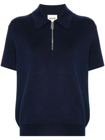 Khaite Gulliame Zip-up Knit Wool-blend Polo Top In Blue