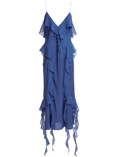 Khaite Pim Cascading-ruffles Sleeveless Maxi Dress In Blue Iris