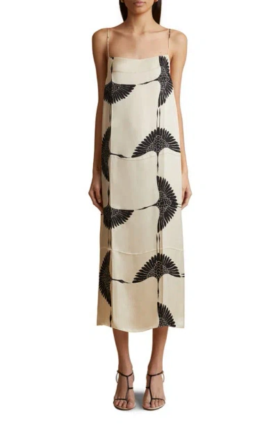 Khaite Sicily Printed Twill Midi Dress In Neutrals