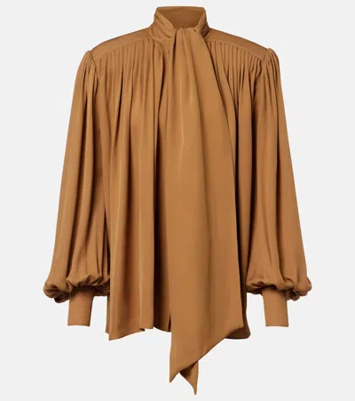Khaite Vali Pussy-bow Silk-georgette Blouse In Brown