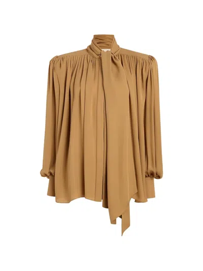Khaite Vali Pussy-bow Silk-georgette Blouse In Brown