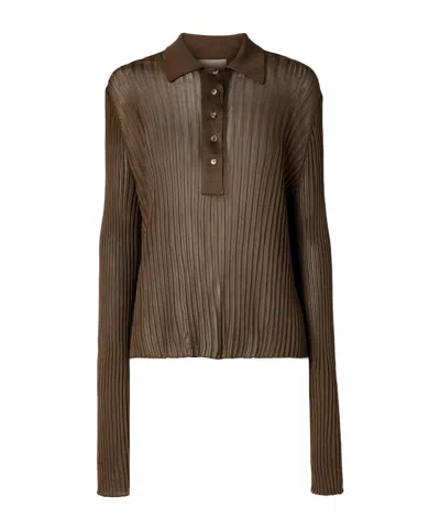 Khaite Vin Ribbed-knit Polo Shirt In Brown