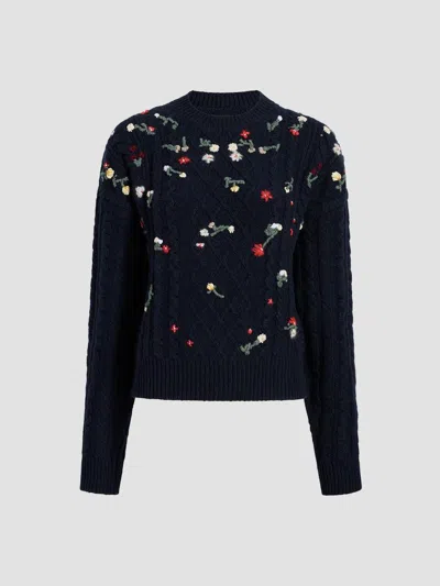 Khaite Women's Elias Embroidered Cashmere Crewneck Sweater In Blue