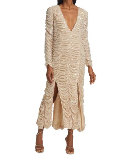 Khaite Lana Ruched Sequin Midi-dress In Nude