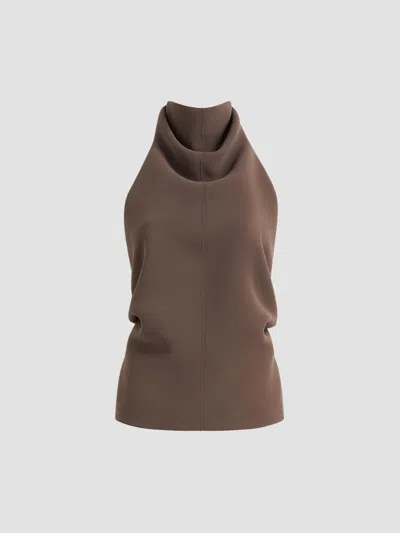Khaite Rone Funnel Neck Double Face Crepe Halter Top In Brown
