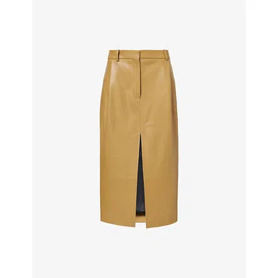 Khaite Womens Golden Ochre Anden Split-hem Leather Midi Skirt In Brown