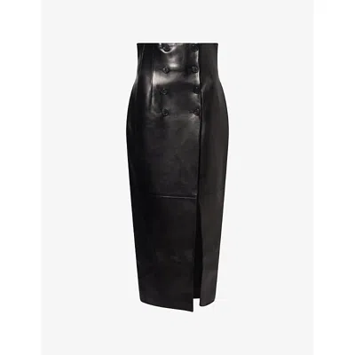 Khaite Womens  Luiza Buttoned Leather Midi Skirt In Black