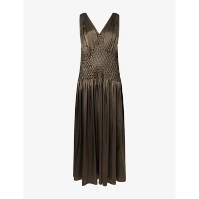 Khaite Womens  Nola Smocked-waist Silk Maxi Dress In Brown