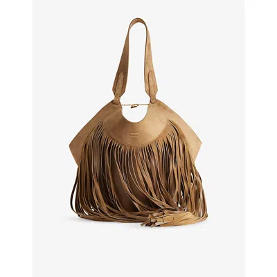 Khaite Womens Lotus Small Fringed Suede Tote Bag Mud