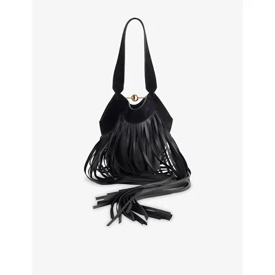 Khaite Womens Black Nano Lotus Fringe Leather Tote Bag