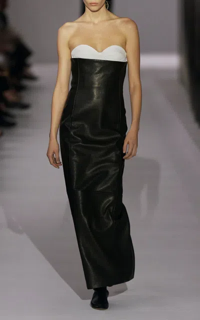 Khaite Yael Strapless Leather Midi Dress In Black
