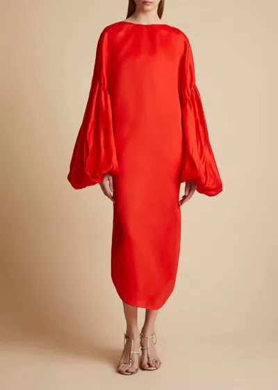 Khaite Zelma Balloon-sleeve Silk Midi Dress In Fire Red