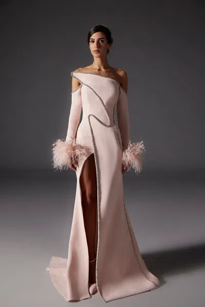 Khaled & Marwan Couture Asymmetric Neckline Crepe Gown In Pink