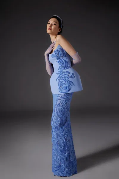 Khaled & Marwan Couture Crepe And Tulle Gown With Embroidery In Blue