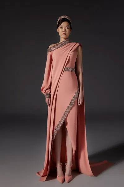 Khaled & Marwan Couture Embroidered Gown With One Sleeve Cape In Pink