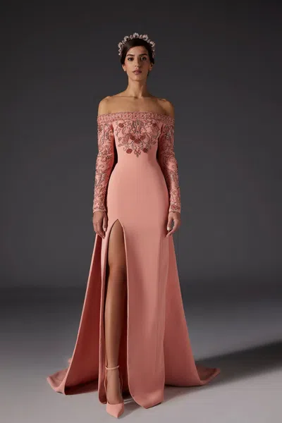 Khaled & Marwan Couture Off Shoulder Embroidered Gown With Train In Pink