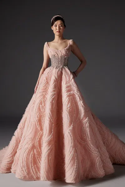 Khaled & Marwan Couture Sleeveless Fully Embroidered Ball Gown In Orange