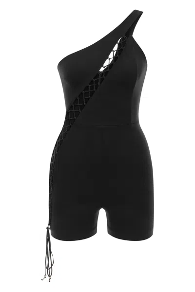 Khéla The Label Women's Black Subversive Candy Playsuit Jersey Bodycon Jumper With Lace Up Closure