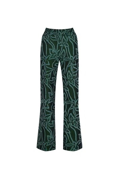 Khéla The Label Women's Green Urban Jungle Pants With Flower Lazer Print On Denim