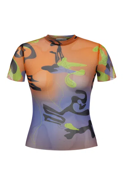 Khéla The Label Women's Tainted Flower Half Sleeve Mesh Top In Orange