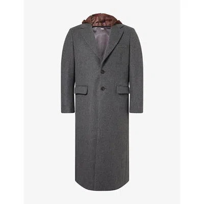 Khoki Mens Suede-insert Hooded Wool Coat Gray Xs