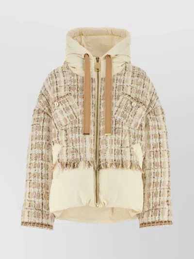 Khrisjoy Hooded Quilted Down Jacket With Frayed Edges In Neutral