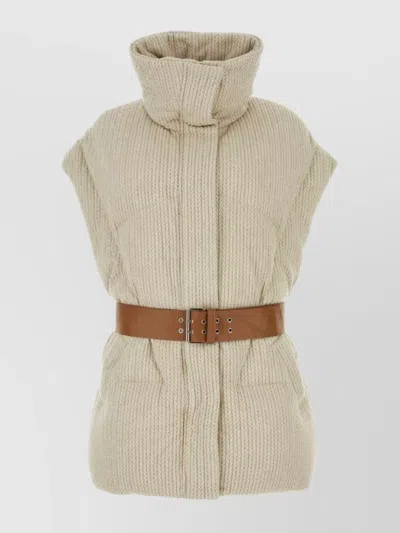 KHRISJOY SLEEVELESS QUILTED BELTED HIGH COLLAR COAT