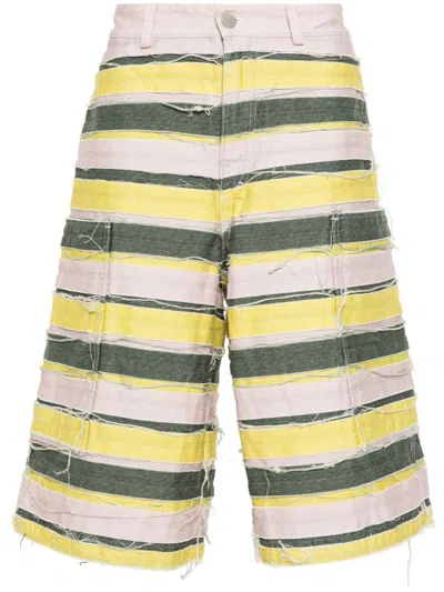 Khrisjoy Striped Distressed Denim Shorts In Yellow