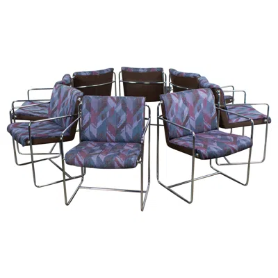 Pre-owned Ki Krueger International Modern Krueger Set 8 Dining Armchairs Chrome Steel Rod Frames & Geometric Fabric In Gray