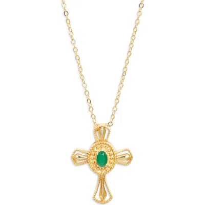 Kiara By Ki-ele Carmel Emerald Cross Pendant Necklace In Gold