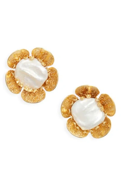 Kiara By Ki-ele Jasmine Pearl Flower Stud Earrings In Gold