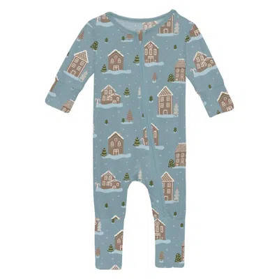 Kickee Kids' Baby's Convertible Coverall In Stormy Sea Gingerbread Town In Blue