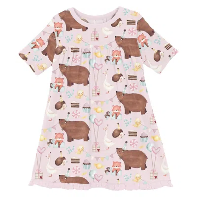 Kickee Kids' Baby Girl's Classic Short Sleeve Swing Dress In Shrinking Violet Forest Party In Pink