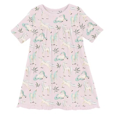 Kickee Kids' Baby Girl's Classic Short Sleeve Swing Dress In Shrinking Violet Sleeping Unicorns In Gold
