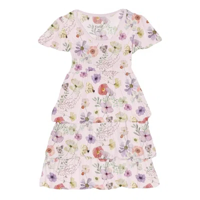 Kickee Kids' Baby Girl's Short Sleeve Layered Ruffle Dress In Shrinking Violet Pressed Flowers In Multi