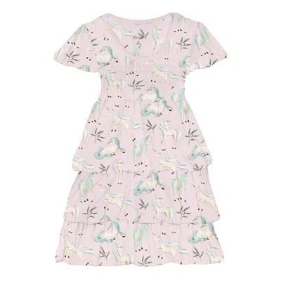 Kickee Kids' Baby Girl's Short Sleeve Layered Ruffle Dress In Shrinking Violet Sleeping Unicorns In Pink